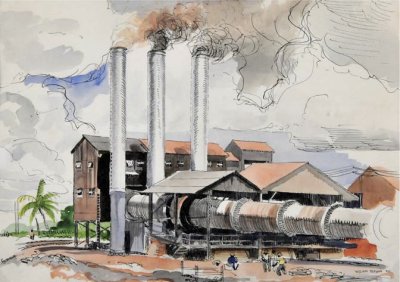 Factory with large pipes and smokestacks belching smoke in French Guiana 1940's by William Teason