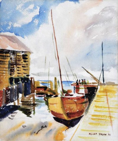 Boats at the dock in French Guiana 1940's by William Teason