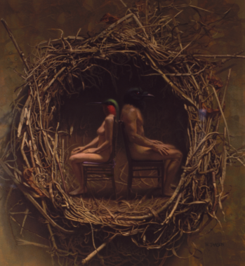 Early watercolor of William Teason, two humans with bird heads inside a human-sized nest
